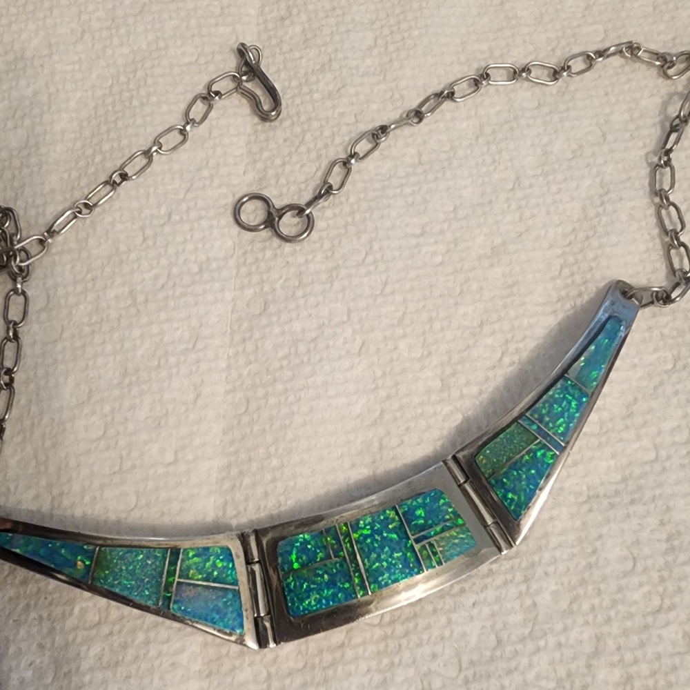 Silver-Tone Blue-Green Opal Inlay Statement Necklace